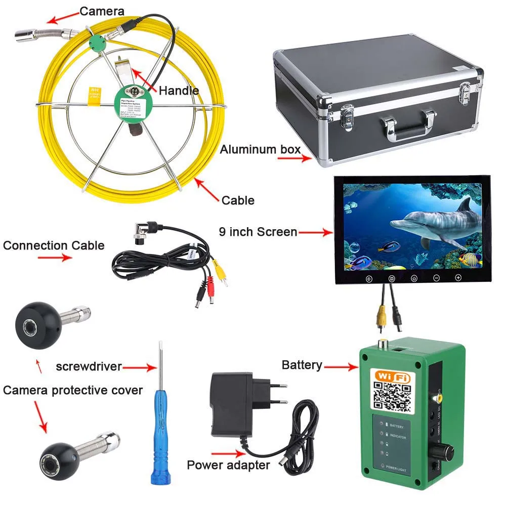 MOUNTAINONE 9-дюймовый Wi-Fi Беспроводной 17 мм промышленных трубы Канализационные инспекции видео Камера Системы IP68 1000 ТВЛ Камера с 8 шт. огни