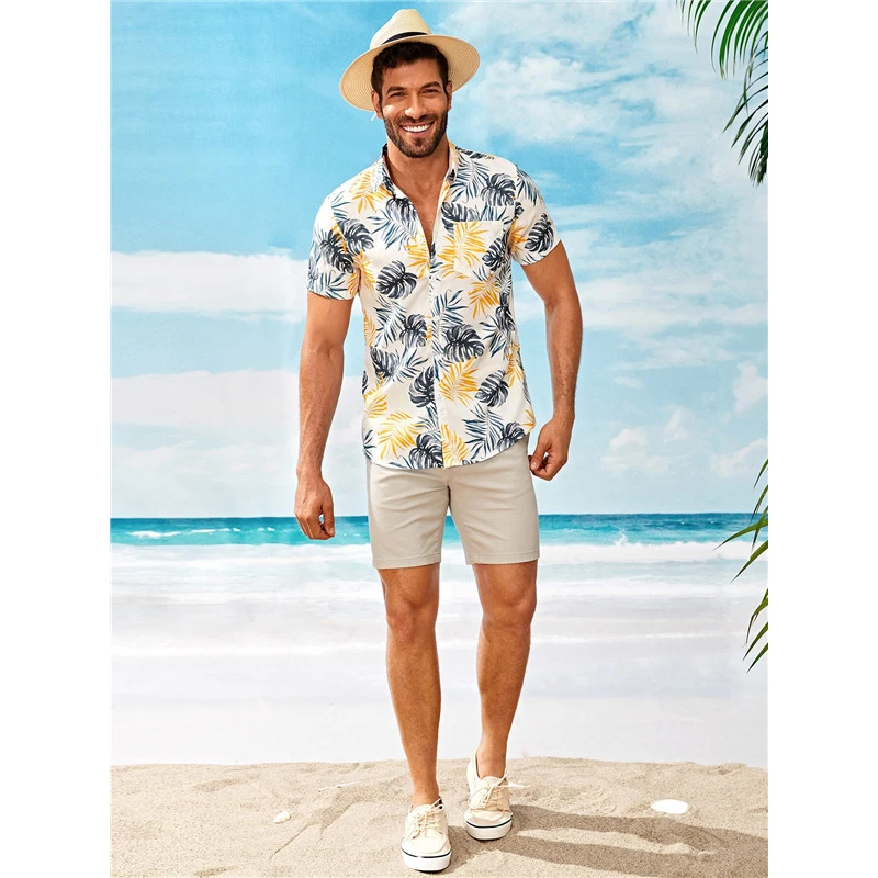 ROMWE мужские тропические печати изогнутый подол пляжные рубашки для отпуска мужские Boho короткий рукав одной кнопкой Летние повседневные рубашки