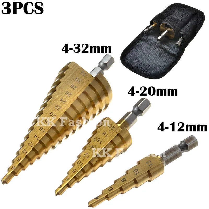 3 шт. шаговый конус HSS титана сверла с покрытием отверстие резак набор 4-12 мм 4-20 мм 4-32 мм Сверление дерева Электроинструмент с нейлоновой