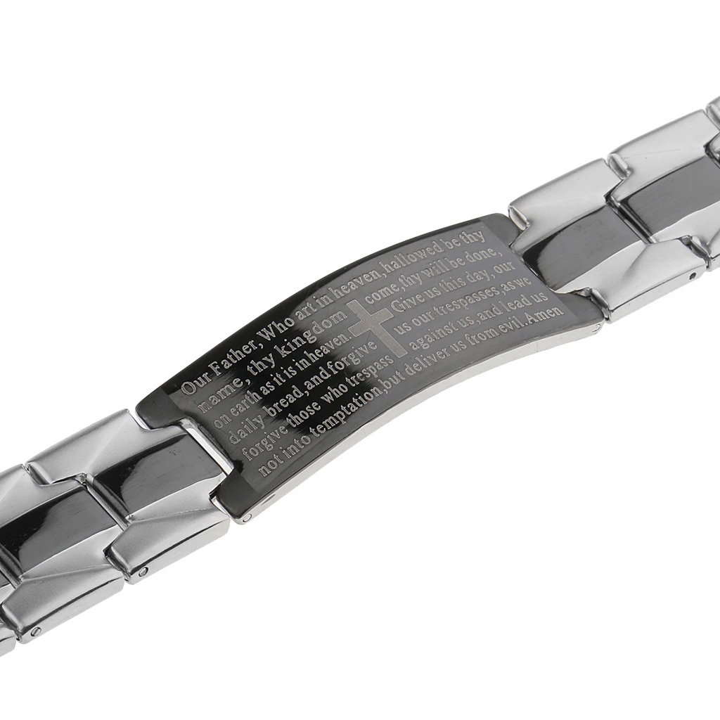 Men Women Charm Cuff Wristband Stainless Steel Bracelet with Engraved English Lord's Prayer Bible Cross Pattern 21x1.5cm