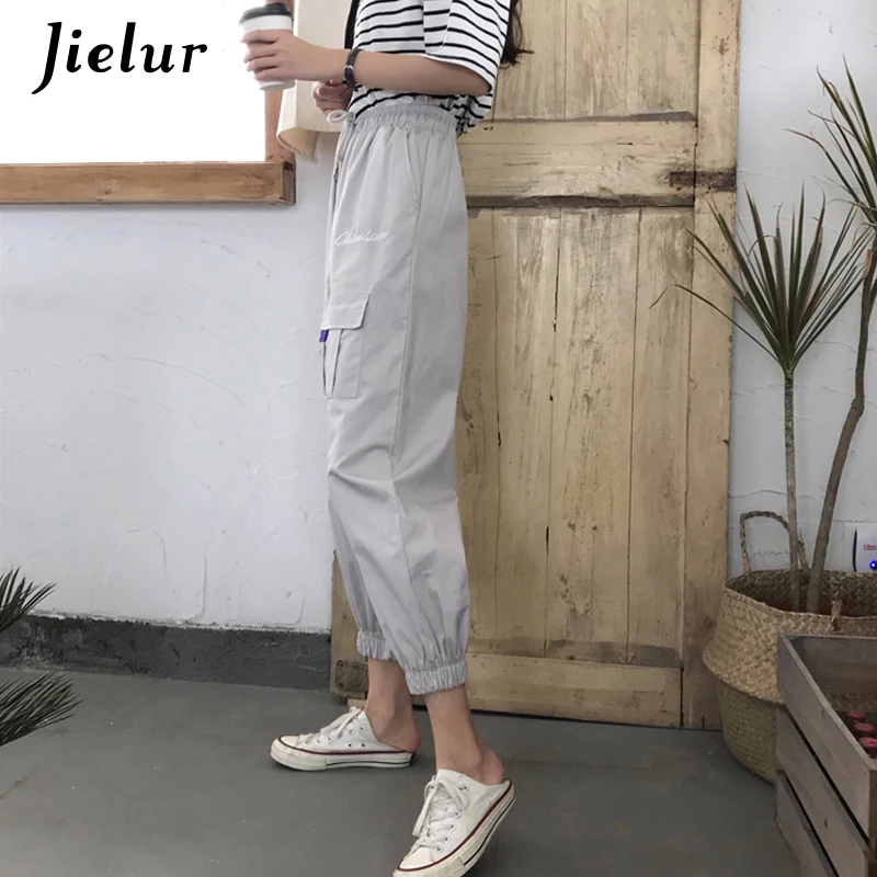 Jielur Trousers Women Hipster Cargo Summer Pants Drawstring Elastic Embroidery Women Pants Pantalon Femme 2019 New Black Jielur Trousers Women Hipster Cargo Summer Pants Drawstring Elastic Embroidery Women Pants Pantalon Femme 2019 New Black