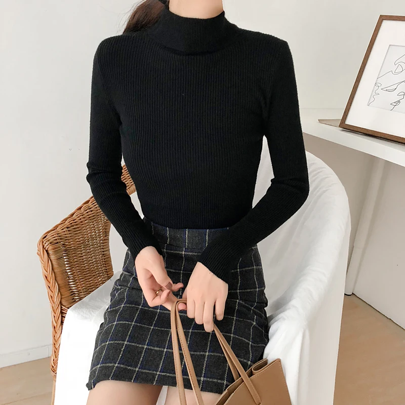 Корейская однотонная вязаная водолазка тонкий пуловер трикотажные тонкие свитера Топ Femme женские рубашки с длинными рукавами 2019 осенние