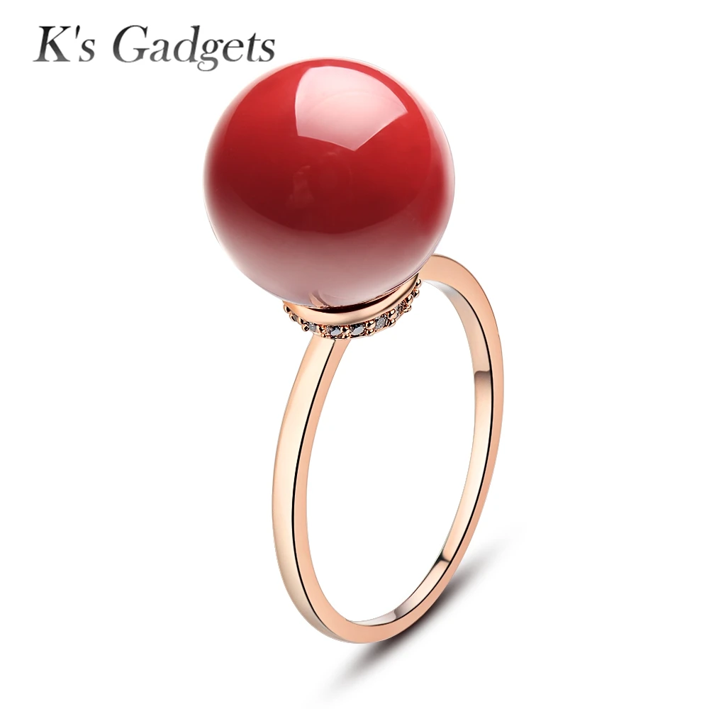 

Classic Natural Stone Ring Silver Rose Gold Color Stone Ball Ring Red Coral Ring Cubic Zirconia Red Artificial Coral Ring