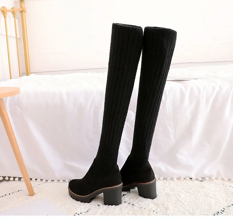Phoentin/женские ботфорты; г.; эластичные тканевые сапоги на платформе; противоскользящие туфли на высоком каблуке с круглым носком; большие размеры; FT699