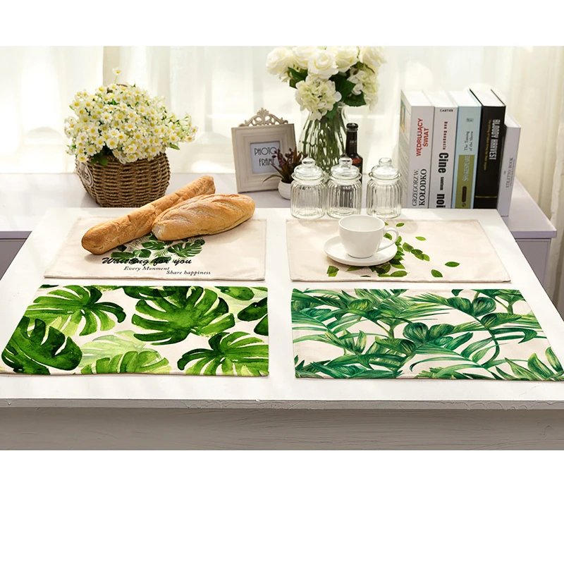 42x32cm Green Leaves Pattern Cotton Linen Western Pad Placemat Insulation Dining Table Mat Bowls Coasters Kitchen Accessories