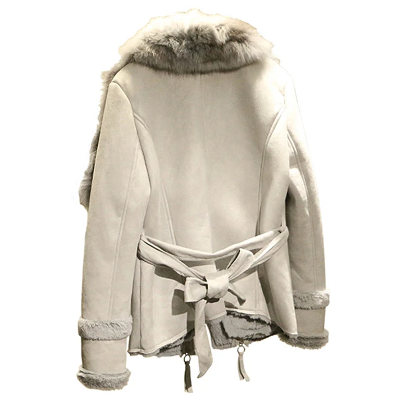 High quality 2018 New Autumn Winter Suede Leather Jacket Women Long sleeve Jacket Thick Real fox fur collar Warm Coat LF857