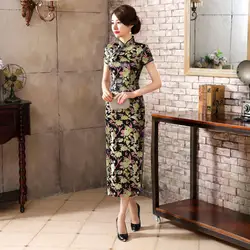 Новый черный цветок китайский Для Женщин Атлас Qipao классический Шелковый Cheongsam длинное торжественное платье короткий рукав Размеры