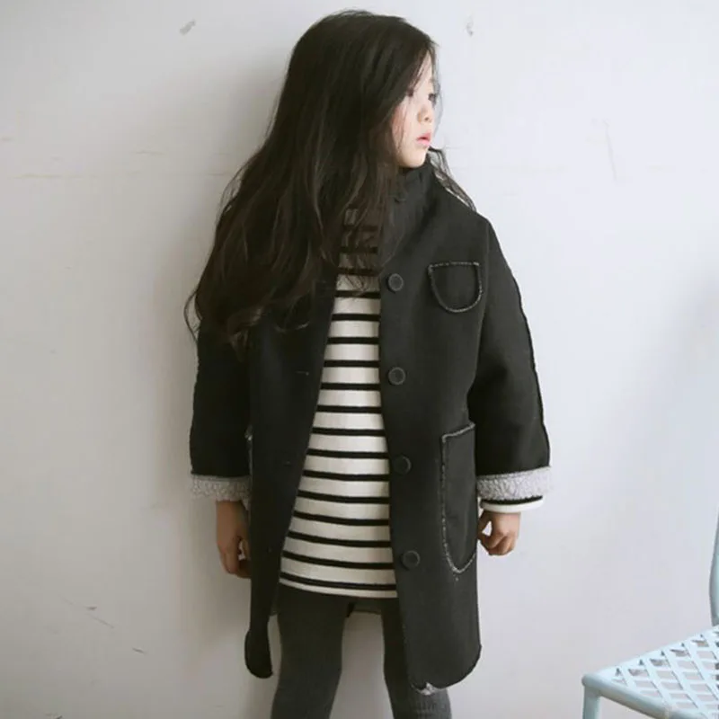 black fleece long girls coats for kids winter 2017 cotton jackets baby