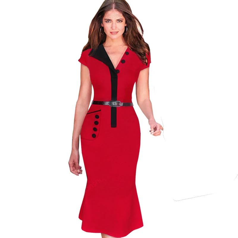 Красное вечернее платье в стиле русалки с рукавом-крылышком и карманом, летнее женское платье с v-образным вырезом, винтажное облегающее платье на молнии, размер XXL, b207 - Цвет: red