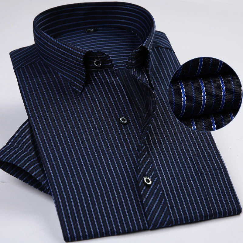 الصيف قصيرة الأكمام مخطط منتظم صالح غير الحديد الرعاية سهلة الأعمال الرجال قمصان لا تتلاشى لا يتقلص مع الصدر جيب