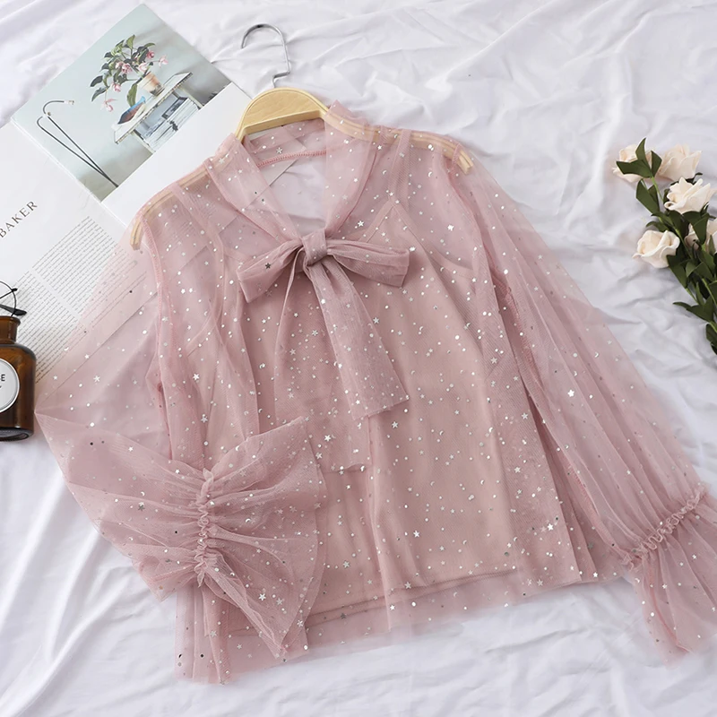 

2PCS Women Flare Sleeve Bling Star Sequins Voile Basic Bandage Strap Bow Shirt Vintage Lace Elastic Mesh Gauze Tulle Blouse Tops