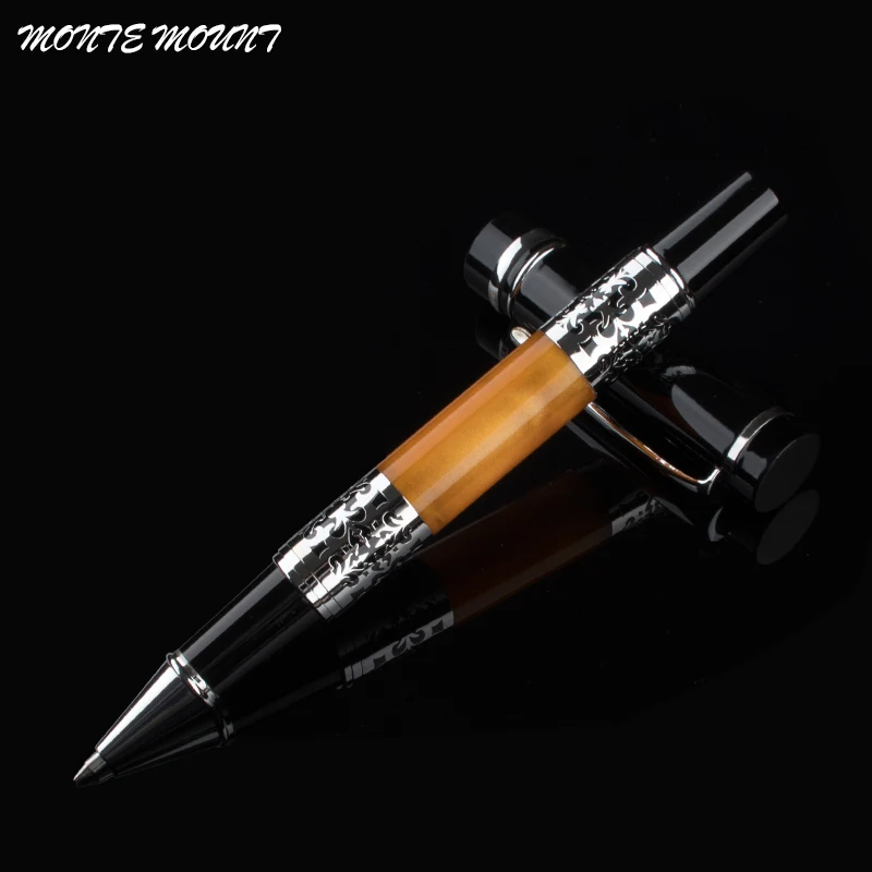 

FREE SHIPPING MONTE MOUNT SILVER FLOWER AMBER CELLULOID ROLLER BALL PEN