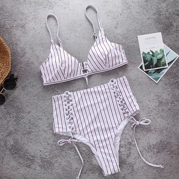 

Bikinis Swimwear Brazilian Swimsuit 2019 High Waist White Bikinis Set Striped Solid Printed Bathing Suit Bathing Suit Women