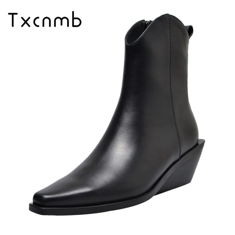 

TXCNMB 2019 New winter genuine leather ankle boots for women high heel ladies shoes autumn winter boots zip platform women shoes