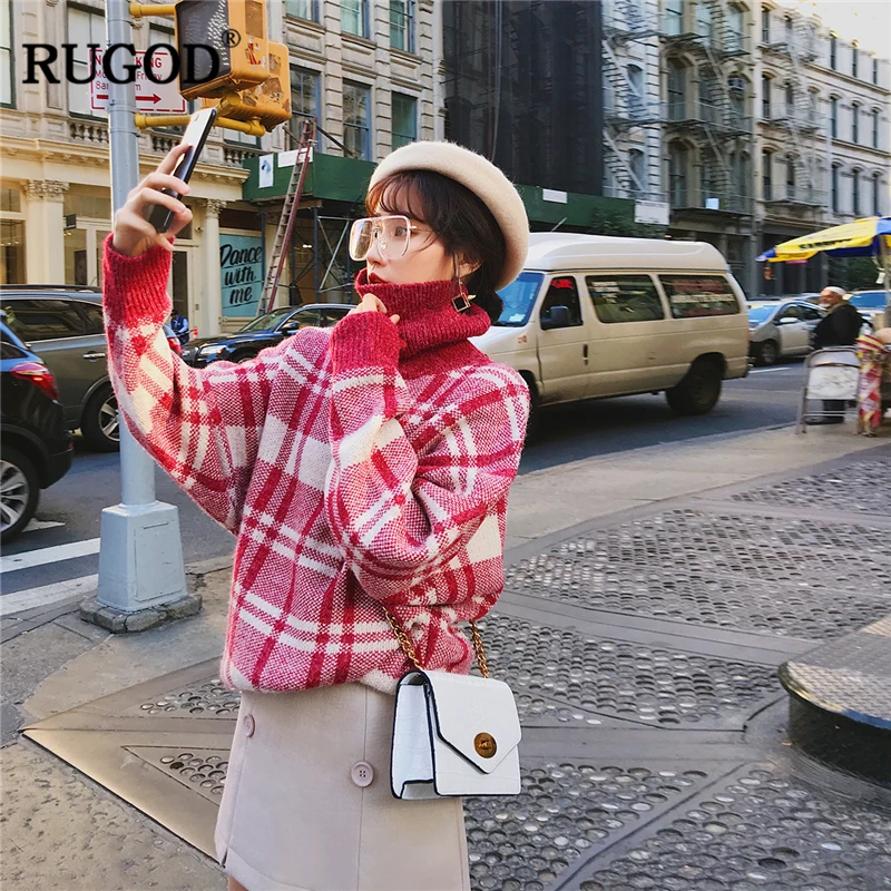 RUGOD элегантный розовый клетчатый свитер с высоким воротом для женщин зима осень длинный рукав Толстый Пуловер Befree женские мягкие теплые свитера