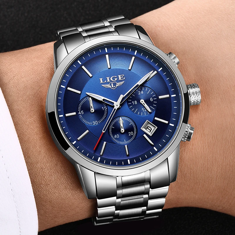 Новинка, мужские часы LIGE s, Топ бренд, роскошные мужские модные полностью стальные водонепроницаемые аналоговые кварцевые часы, мужские серебристые синие спортивные часы
