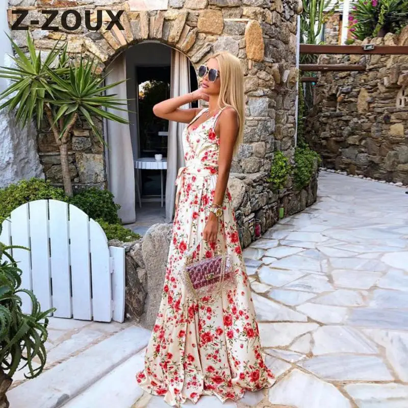 

Z-ZOUX Women Dress Deep V Neck Backless Bohemia Dresses Sexy Long Print Floral Maxi Dress Lace Up Flower Long Beach Dresses 2019