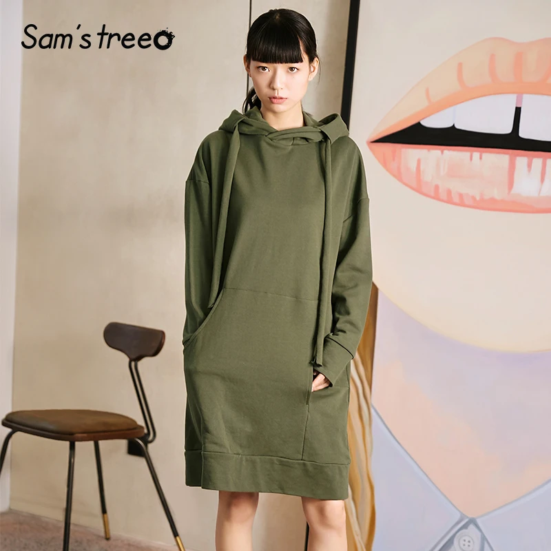 

Samstree Spring Autumn Women Hoodies Pullover Drawstring Solid Color Drop-shoulder Pocket Female Long Sweatshirts