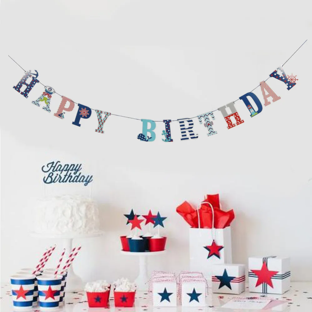 

Nautical Themed Happy Birthday Paper Banner boys Girls One Years Old string Flags Bunting for Baby Shower Kids Birthday Decor