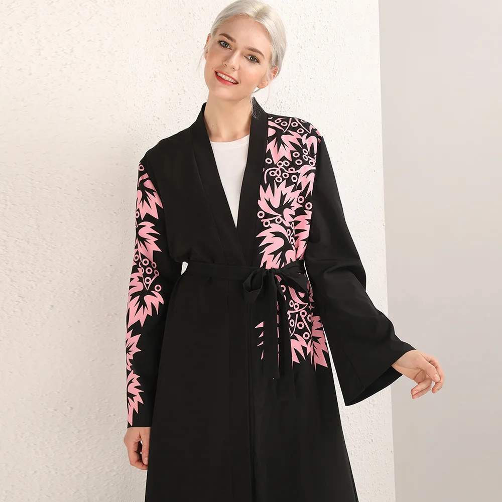 

2019 Muslim Dubai abaya Moroccan kaftan print black cardigan dress