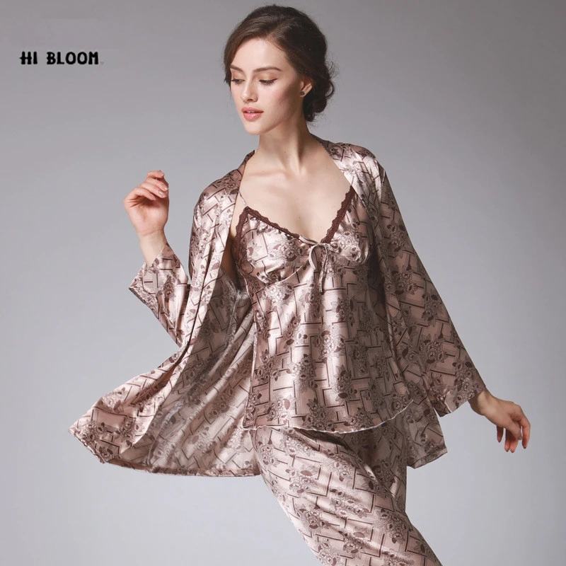 

HI BLOOM 2017 Silk Kimono Robe Bathrobe Women Satin 2Pcs Robe Longue Femme For Women Night Sexy Robes Night Grow For Bridesmaid