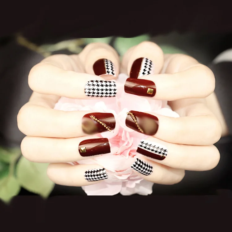 

24pcs/Set Vintage False Nails Finished Short Design Full Cover Nail Tips Artificial Fake Nails with Glue#