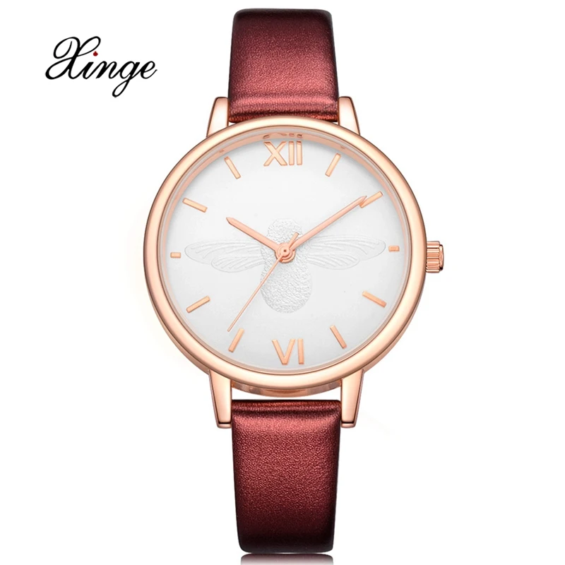

2018 New Simple Fashion Bee Quartz Watch Women Creative Red Leather Strip Watches Ladies Xinge Brand Wrist Watch Relojes Mujer