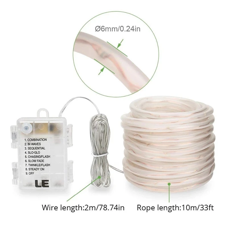 Батарейный пульт дистанционного управления, светодиодная Радужная веревка, трубчатая гирлянда, 10 м, 100 светодиодов, водонепроницаемая, для улицы, для рождества, сада, дорожка, забор, огни