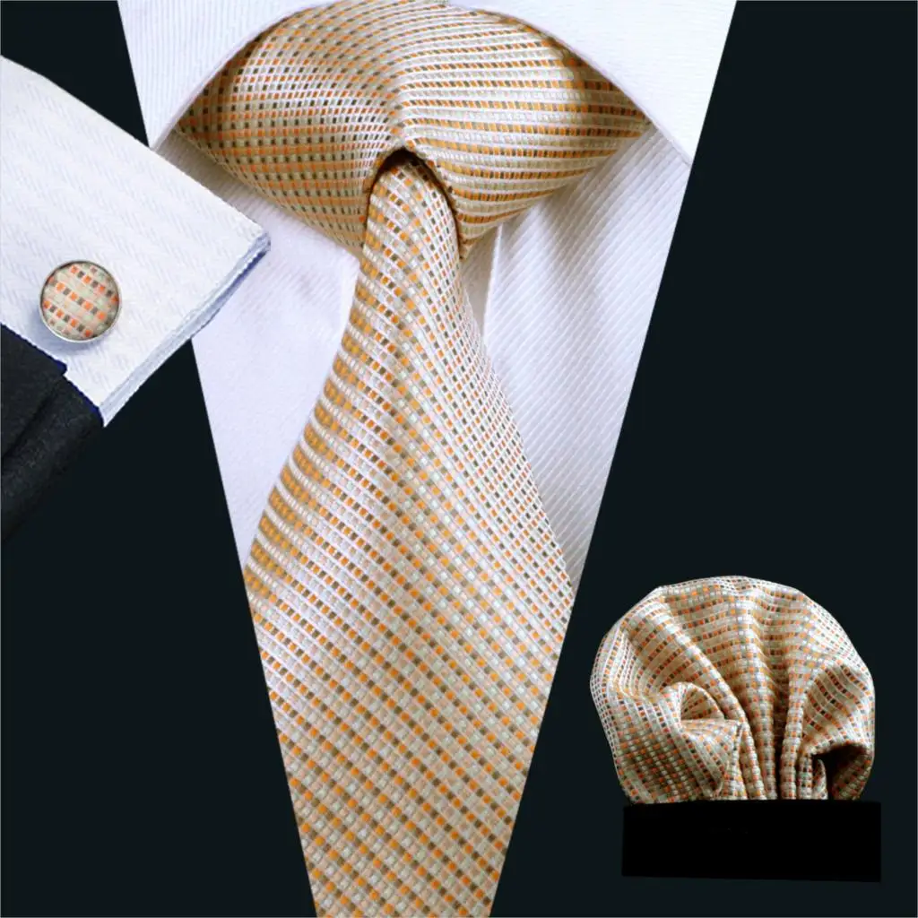 Fa 688 Mens Ties Yellow Stripe Silk Jacquard Tie Hanky Cufflinks Set