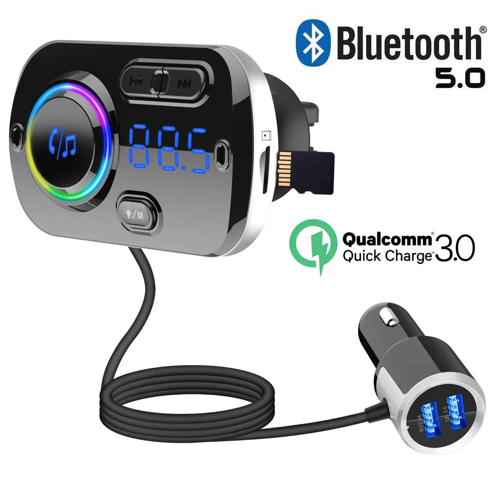 JINSERTA Bluetooth 5,0 MP3 плеер FM передатчик автомобильный комплект USB QC3.0 Громкая связь красочные атмосферные огни Поддержка TF карты