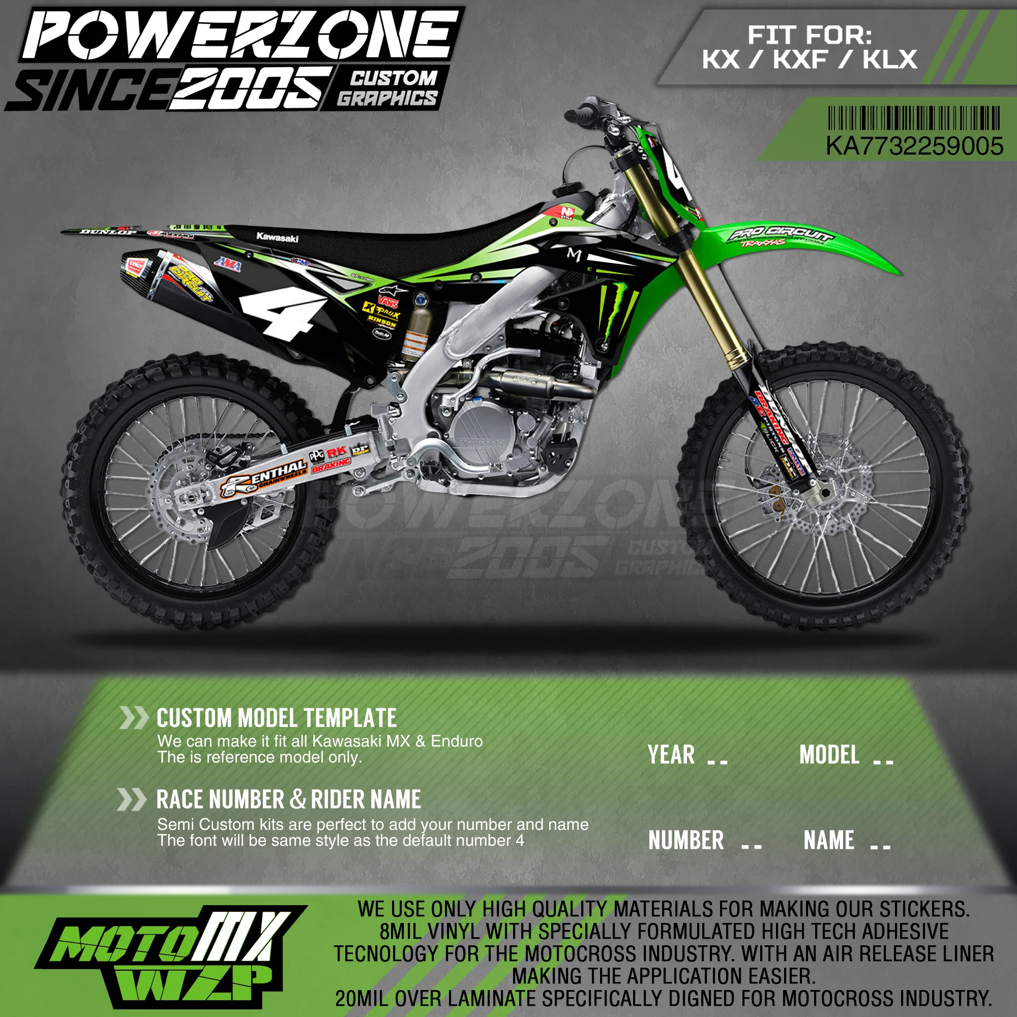 

PowerZone Custom Team Graphics Backgrounds Decals 3M Stickers Kit For Kawasaki KX250F 2013-2016 005