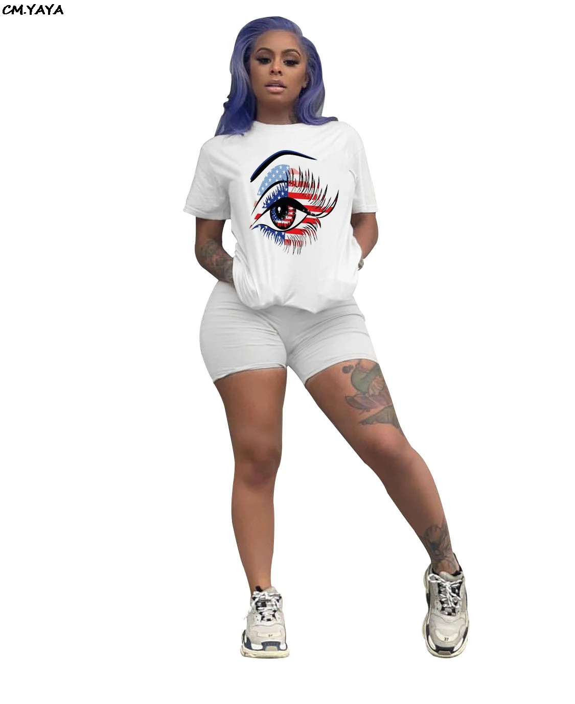 

2019 New women fashion vintage flag eye print short sleeve tee top & shorts suit two piece set casual tracksuit outfit GLWY6590