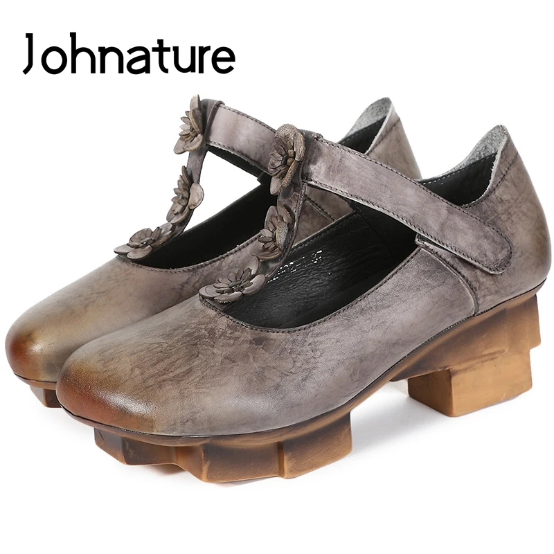 

Johnature 2019 New Spring/Summer Genuine Leather Round Toe Personality Hook & Loop Special Casual Retro Flower Women Shoes Pumps