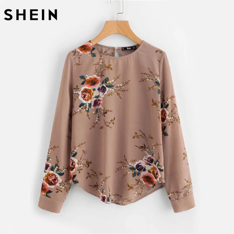 

SHEIN Flower Print Keyhole Back Curved Hem Blouse Autumn Women Blouses Long Sleeve Multicolor Floral Work Wear blouse