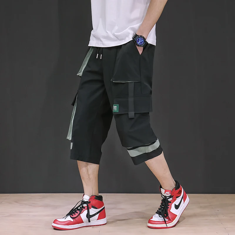 

Safari Style Calf-Length Pants Patchwork Multi-Pockets Men's Pants Elastic Waist Black Green Calf-Length Pants
