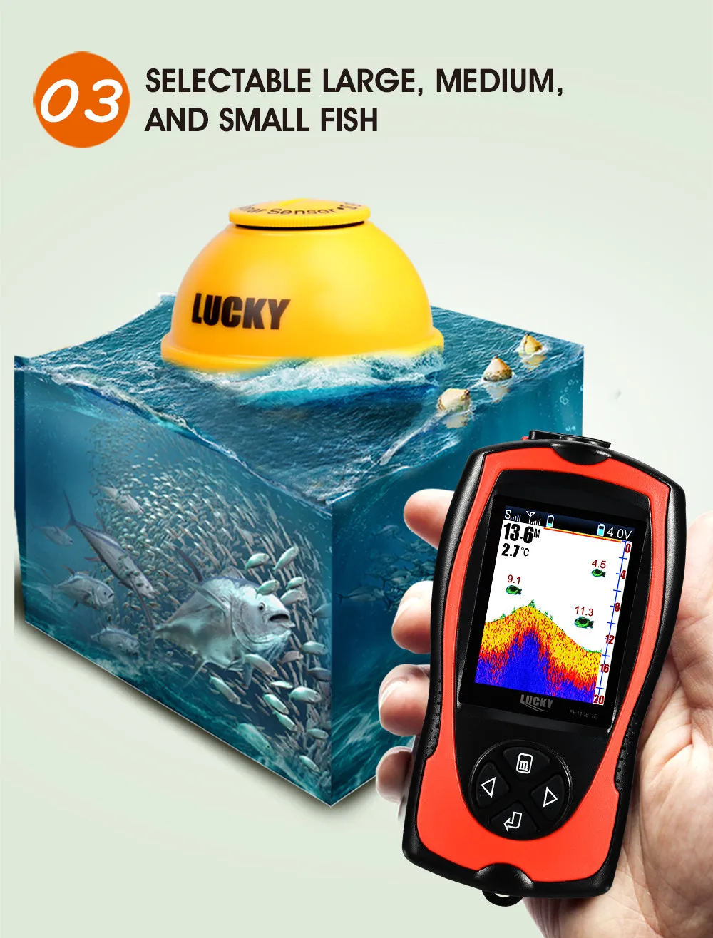 Sonar Fish Finder for Fishing FF1108-1CWLA English&Russian Menu Wireless Sonar Color Fishfinder 147ft/45m Water Depth Sonar Fish