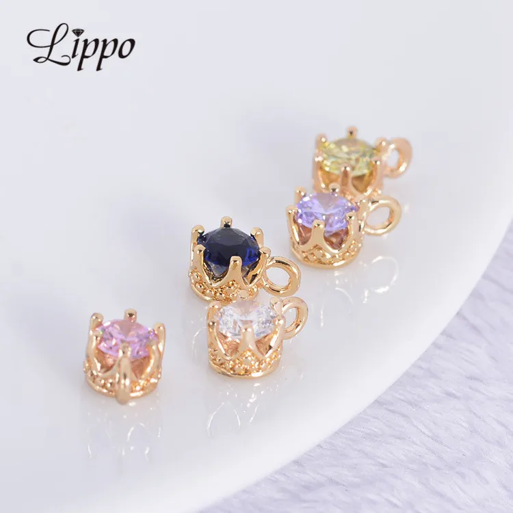 

10pcs High Quality Champagne Gold Color Crown Charm Floating Colorful Zircon Charms For Key Chain Or Bracelet Decoration