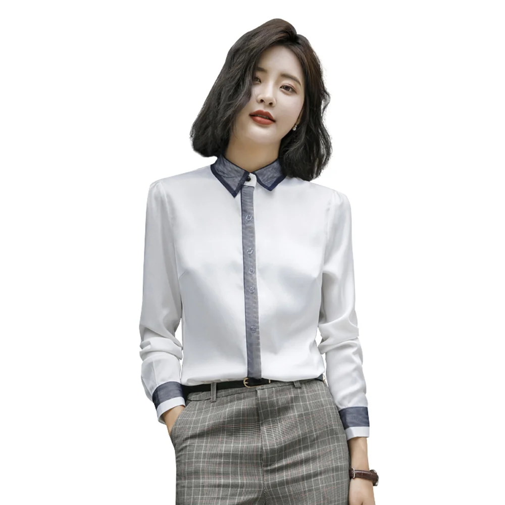 Office Lady Shirt White Elegant Collar Long Sleeve Button Mesh ...