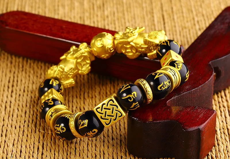 Gold Color Brave Troops Stone Beads Bangles Bracelet 6 Words Chinese Lucky Enegry God Beast Pixiu Bracelet Dropship Jewelry Gift