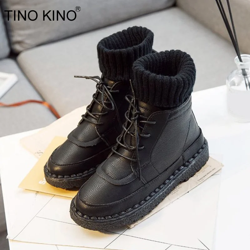 

Tino Kino 2018 New Winter Leather Vintage Martin Anckle Boots Female Lace Up Warm Shoes Women Fashion Low Shoes Botas Mujer
