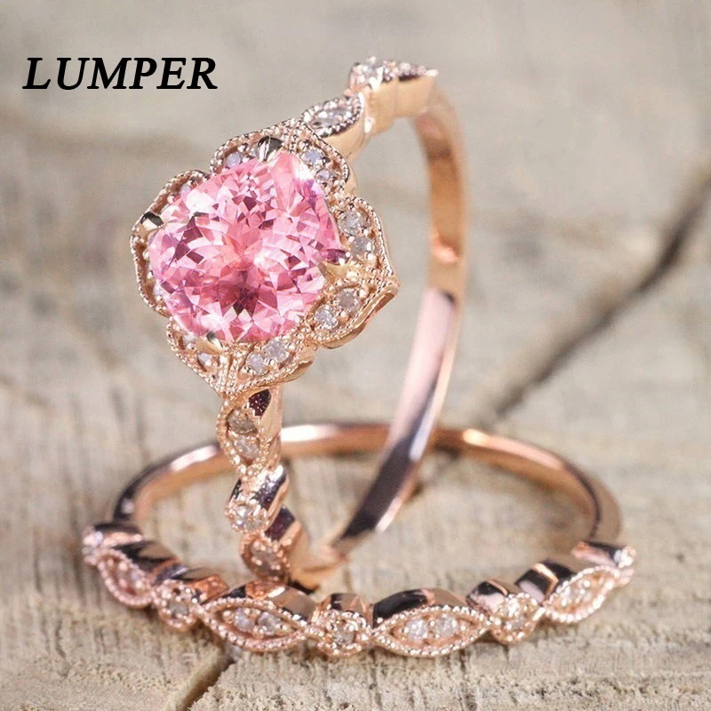 

LUMPER 2pcs Square Zircon Set Rings plated Rose Gold Color Elegant Charm Engagement Wedding Ring Jewelry for Women anel feminino