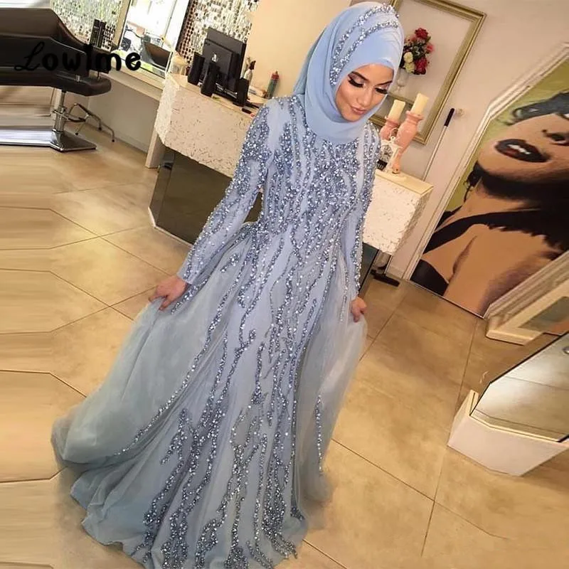 Silver Muslim Evening Dresses 2019 Mermaid Long Sleeves Tulle Crystals 