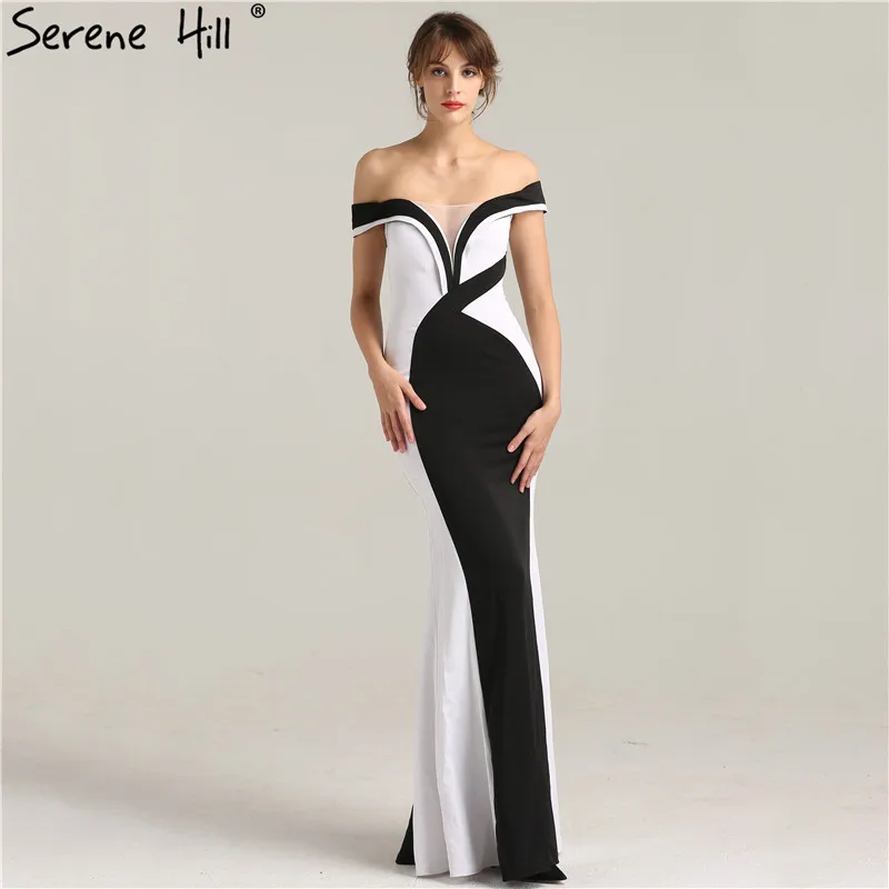 

Elegant Black and White Off Shoulder Mermaid Evening Dresses 2019 New Design Floor Length Party Gown Robe De Soiree BLA6266