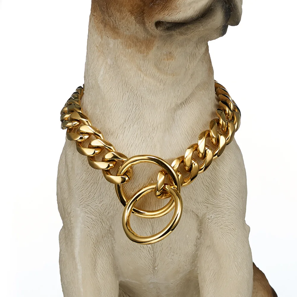 15mm Strong Cut Curb Cuban Link 316l Stainless Steel Gold Tone Dogs