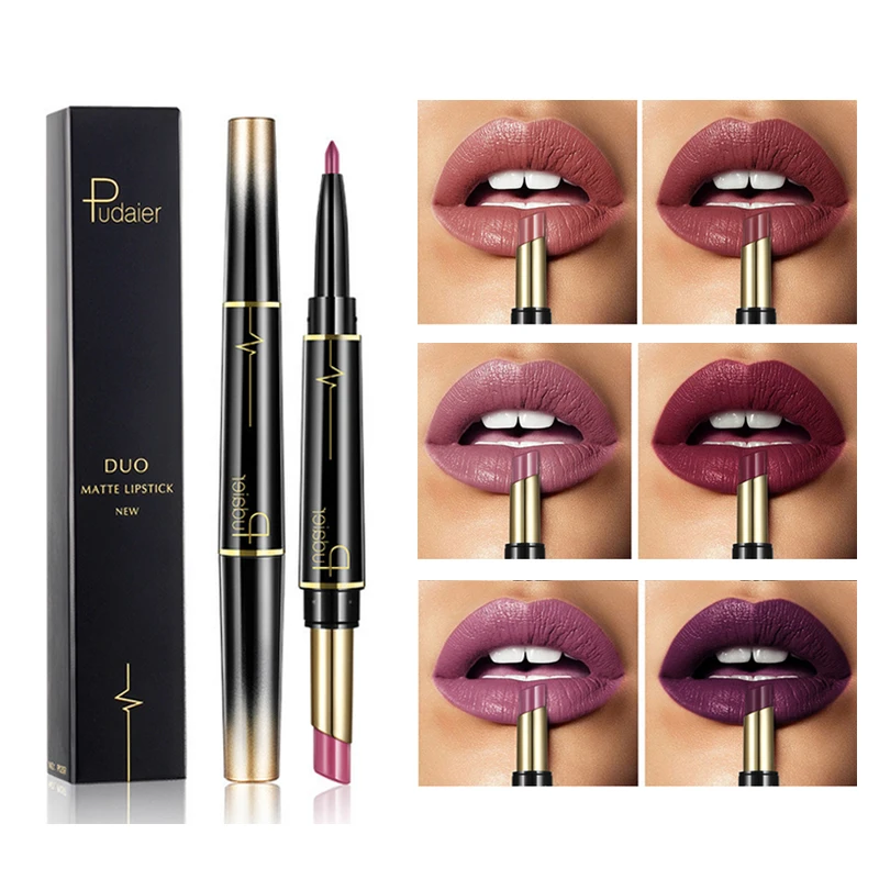 

Pudaier Double-end Lip Nude Lips Lipstick 2 in 1 Pencil Waterproof Long Lasting Tint Sexy Red Lip Stick Matte Liner Pen Brand