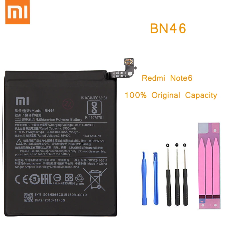 

Original Phone Battery for Redmi Note 6 Battery Xiaomi hongmi Note6 BN46 Replacement Batteries Retail Package Red rice bateria