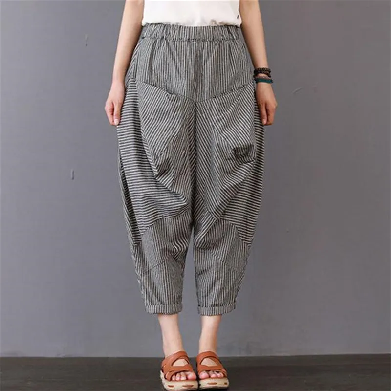 

BUYKUD 2018 Summer Women Casual Stripe Long Gray Pants Elastic Waist Ankle-Length Harem Pants Loose Pocket Versatile Trouser