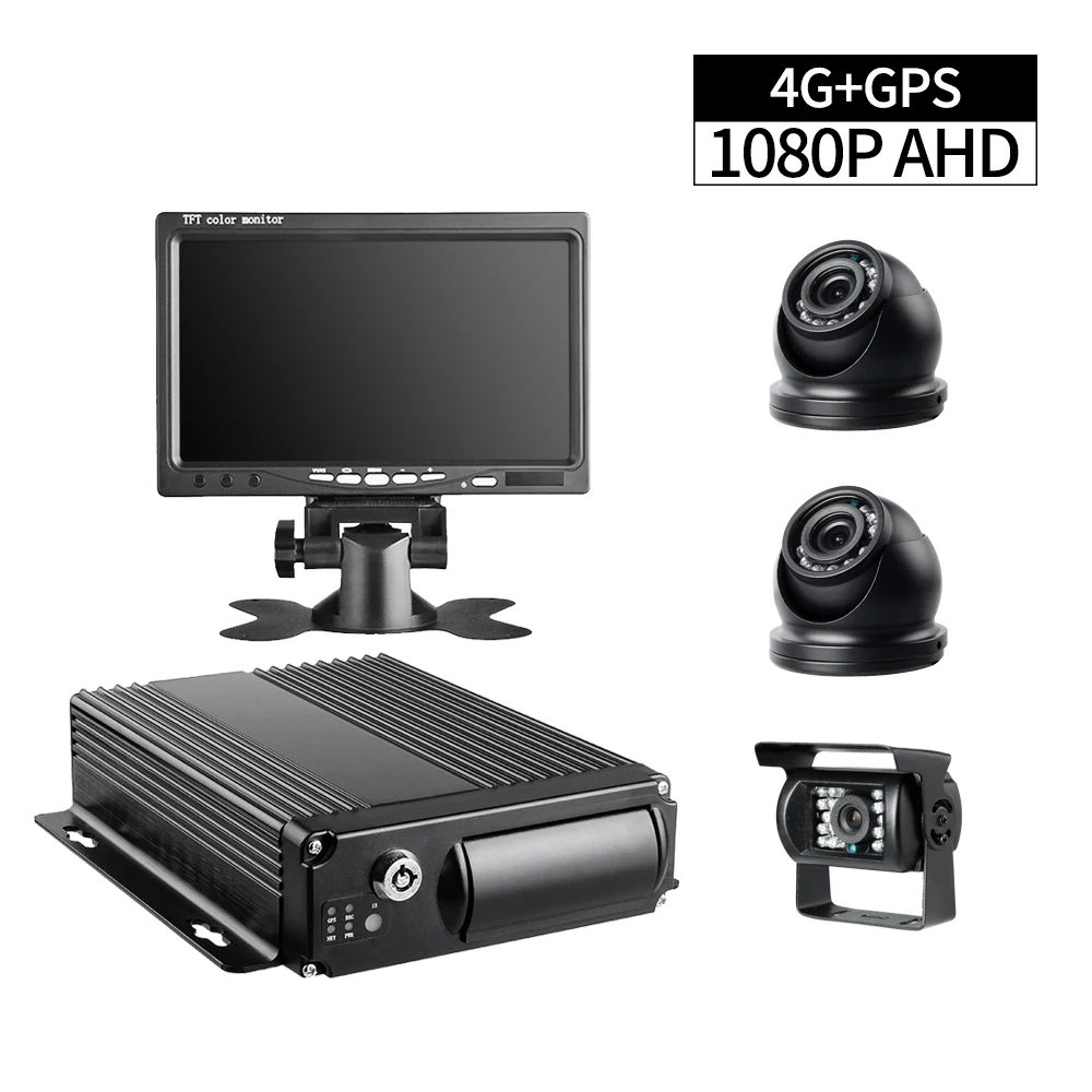 

3Pcs Indoor +Outdoor Metal Waterproof Security Camera +Online 4G GPS 4CH SD Vehicle Mobile Dvr Recorder +7Inch Car Screen+32G SD