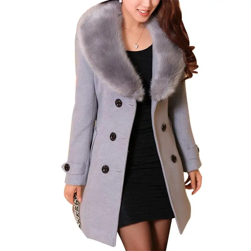 Корейский стиль, женские шерстяные пальто, женские зимние теплые пальто с воротником из искусственного меха, длинное пальто, парка размера плюс, верхняя одежда, флисовое пальто, M-5XL - Цвет: Gray