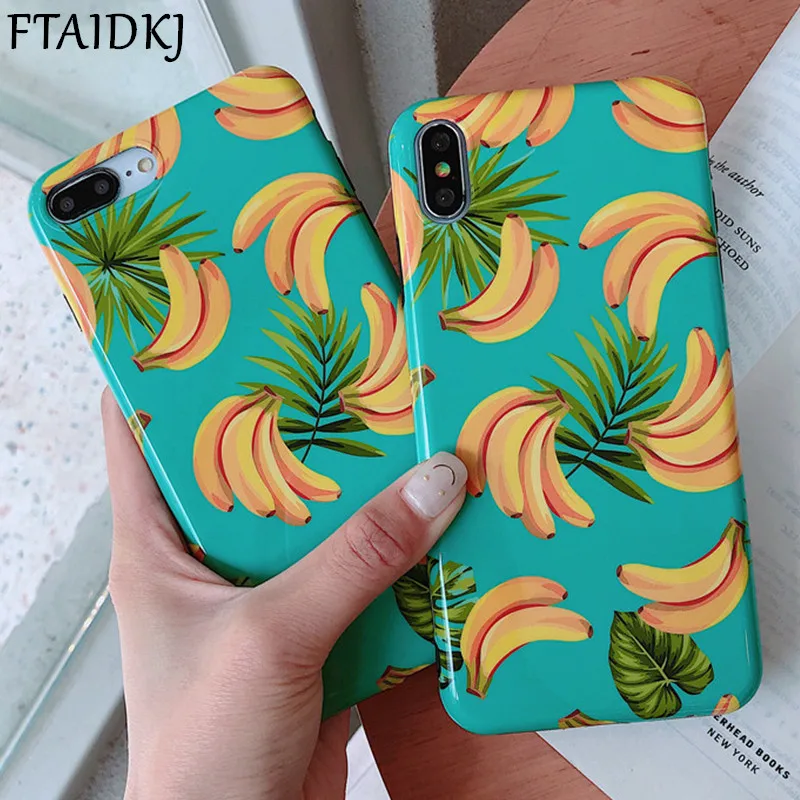 

FTAIDKJ Fruit Banana Glossy Soft Silicone Case For iPhone XS Max 6 6S 7 8 Plus XR X Retro Floral Flower IMD TPU Back Cover Coque